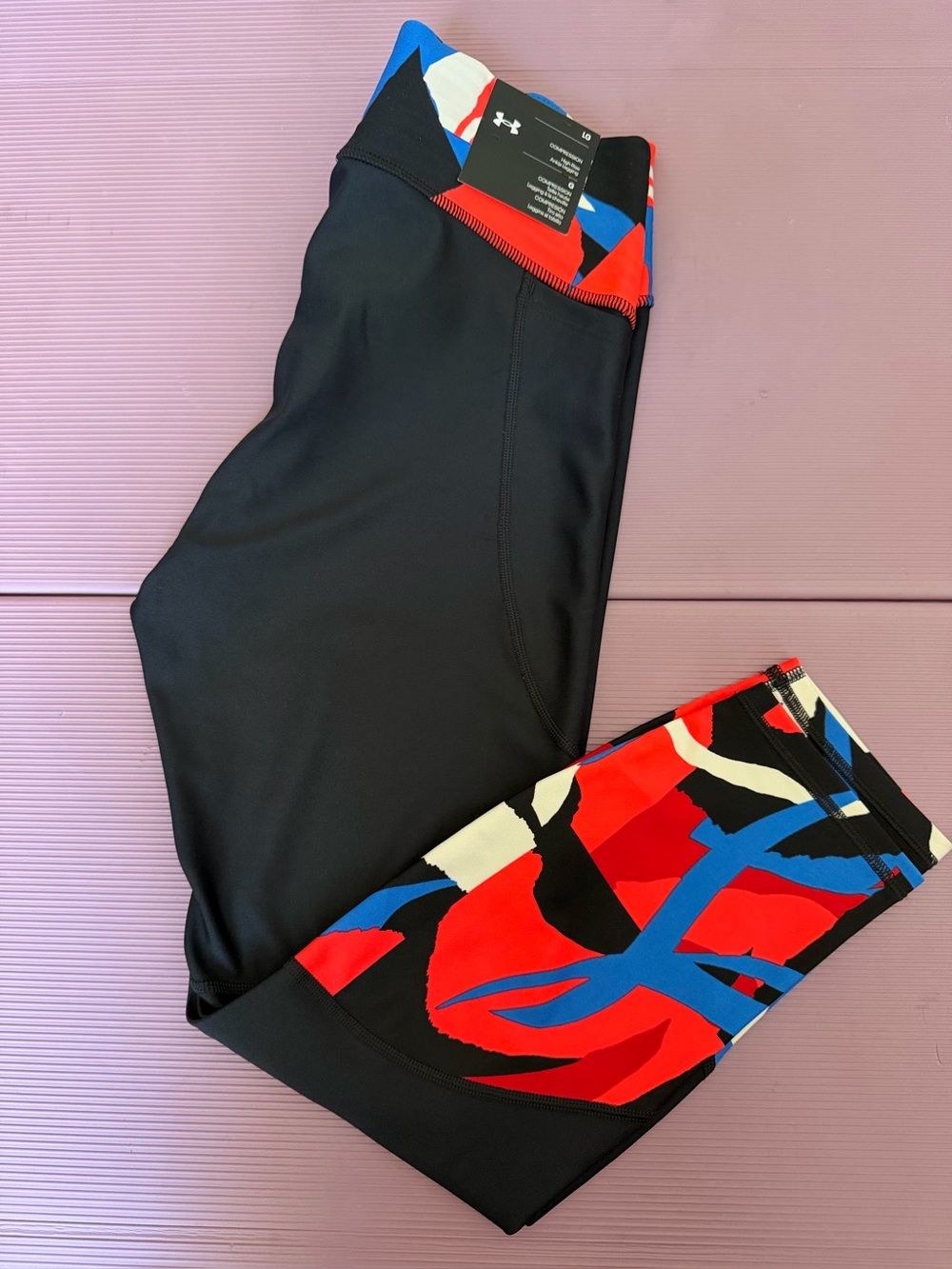 Under Armour Black Jeggings with Red, Blue & White Graphic Cuff
